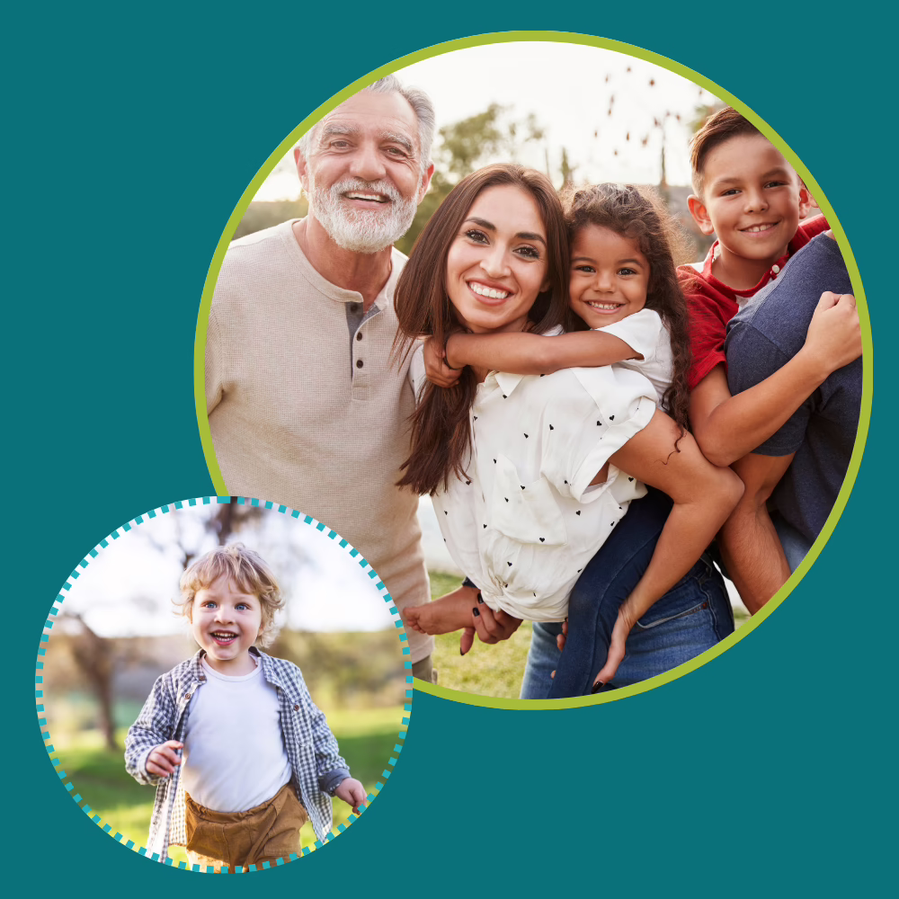two-images-on-of-family-smiling-and-young-kids-laughing-and-running A multi-generational family smiles together outdoors in a circular frame, with an older man, a woman, a young girl, and a boy. A separate, smaller circle shows a young child smiling in a sunlit outdoor setting.